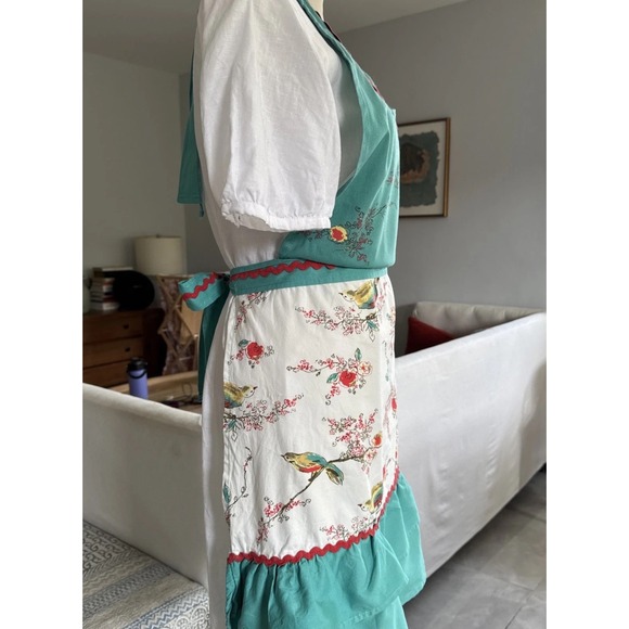 Lenox Apron Birds Floral Turquoise Ruffle Ric Rac Retro Kitchen Cooking - Picture 4 of 12